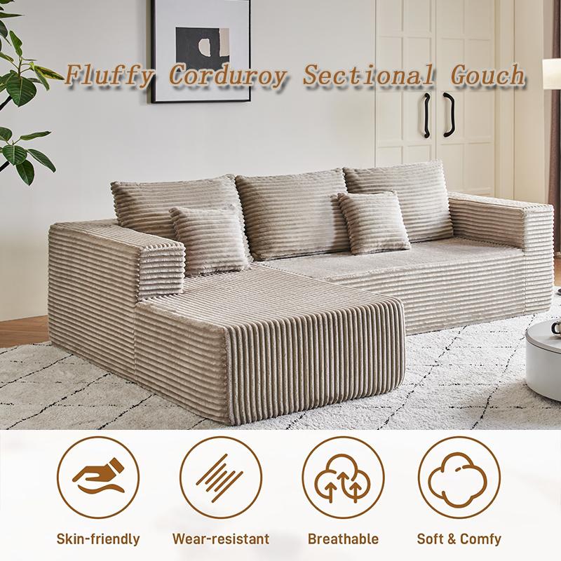 【2 Packages Shipping】105.7" L-Shaped Boneless Sectional Cloud Couch Corduroy Velvet Modular with Chaise No Assembly Required Sofa Living room furniture，Modular Corduroy Cloud Sofa