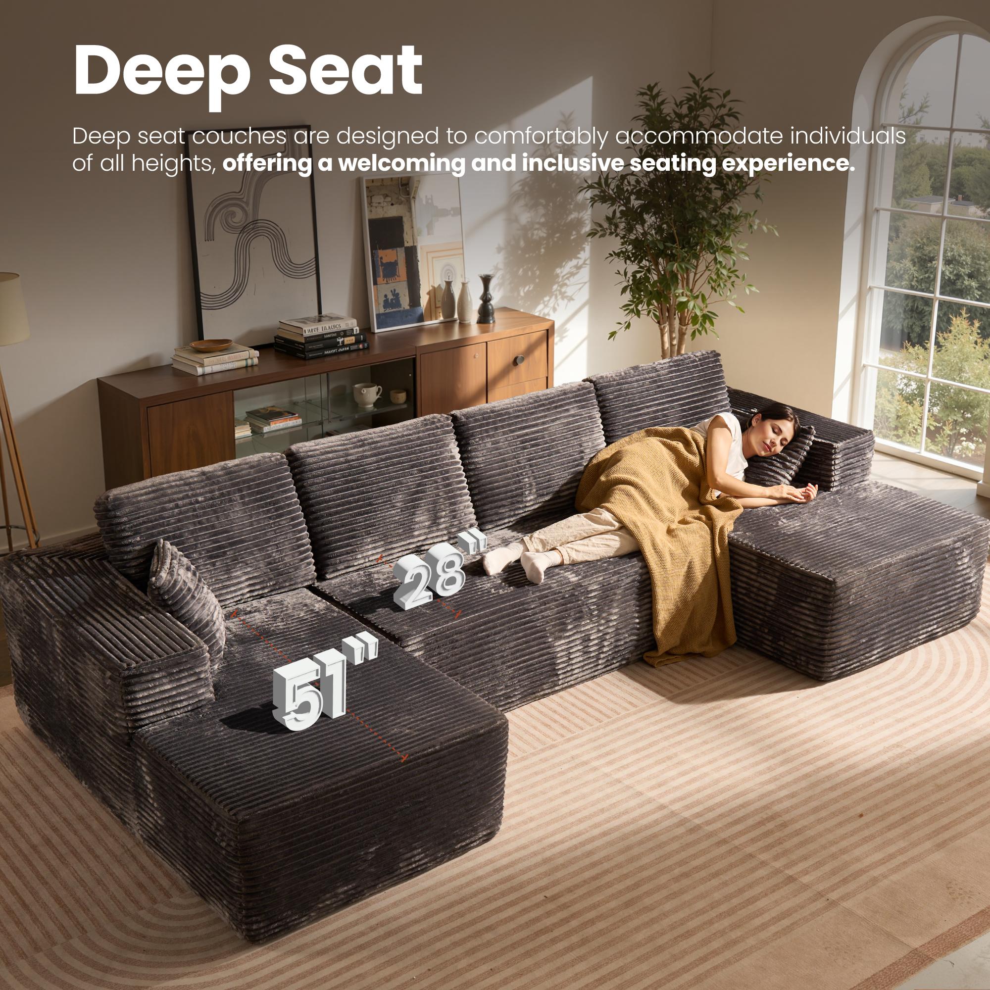 【3 Packages Shipping】Ovios 135" Sectional Cloud Sofa with Ottoman for Living Room, U Shaped Modular Floor Boneless Couch with Chaise, Plush Corduroy, No Assembly Required, Big Comfy Couches Set with Fluffy Memory Foam