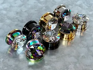 PAIR of Stunning Large CZ Gem Screw Fit Steel Tunnels / Plugs - Gauges 2g (6mm) thru 5/8" (16mm)