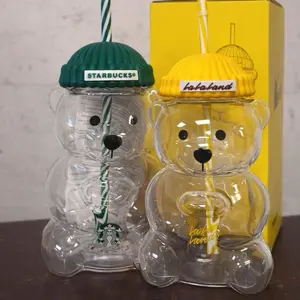 2 GLASS BEAR CUPS - 1 YELLOW & 1 GREEN!!
