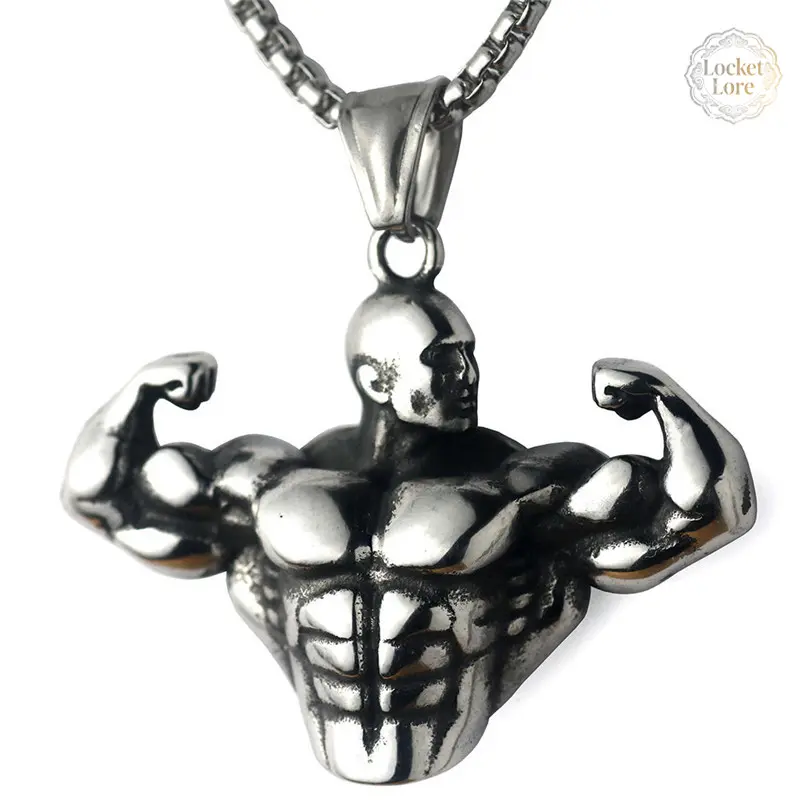 Men's Stainless Steel Necklace with Retro Cartoon Bodybuilder Pendant - Sturdy Streetwear Chain for Casual & Gym Wear, Stainless Steel Jewelry, Bodybuilding, Cartoon Streetwear Necklaces, Cartoon Man, Casual Daily