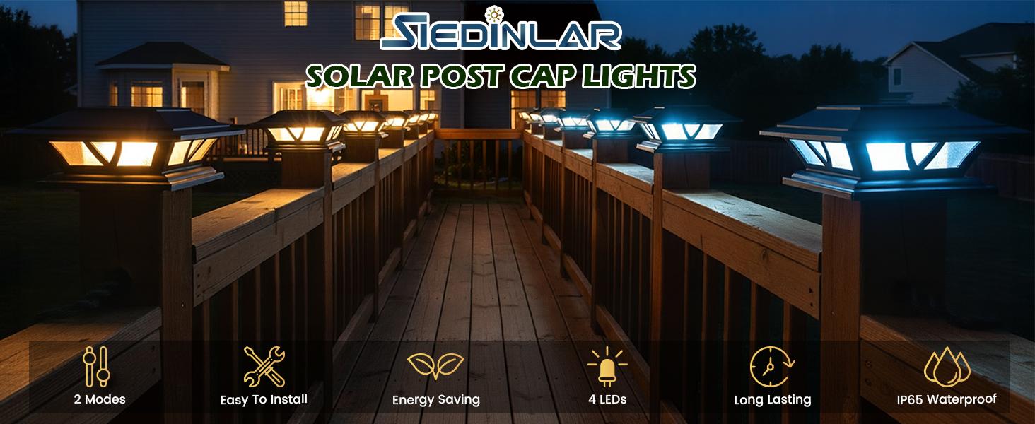 Siedinlar Solar Post Cap Lights, 2Modes Warm & Cool White (3000K/6000K), Outdoor Fence Deck Railing Lights for 4x4 5x5 6x6 Wood/Vinyl Posts, Waterproof Solar Powered Patio, Yard & Garden Decor, Black/White (2 Pack)