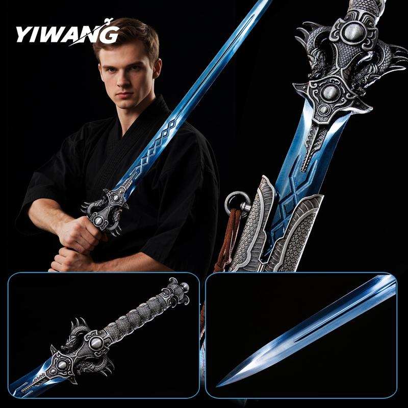 Handmade Chinese Sword - Full Tang Dynasty - Heat-Treated Blade, Blue Dragon Handle - Authentic Ancient Chinese - Collector'S Display or Martial Arts Training - Luxury Sword Sheath - Historical Replica - Ideal Gift for Martial Arts &