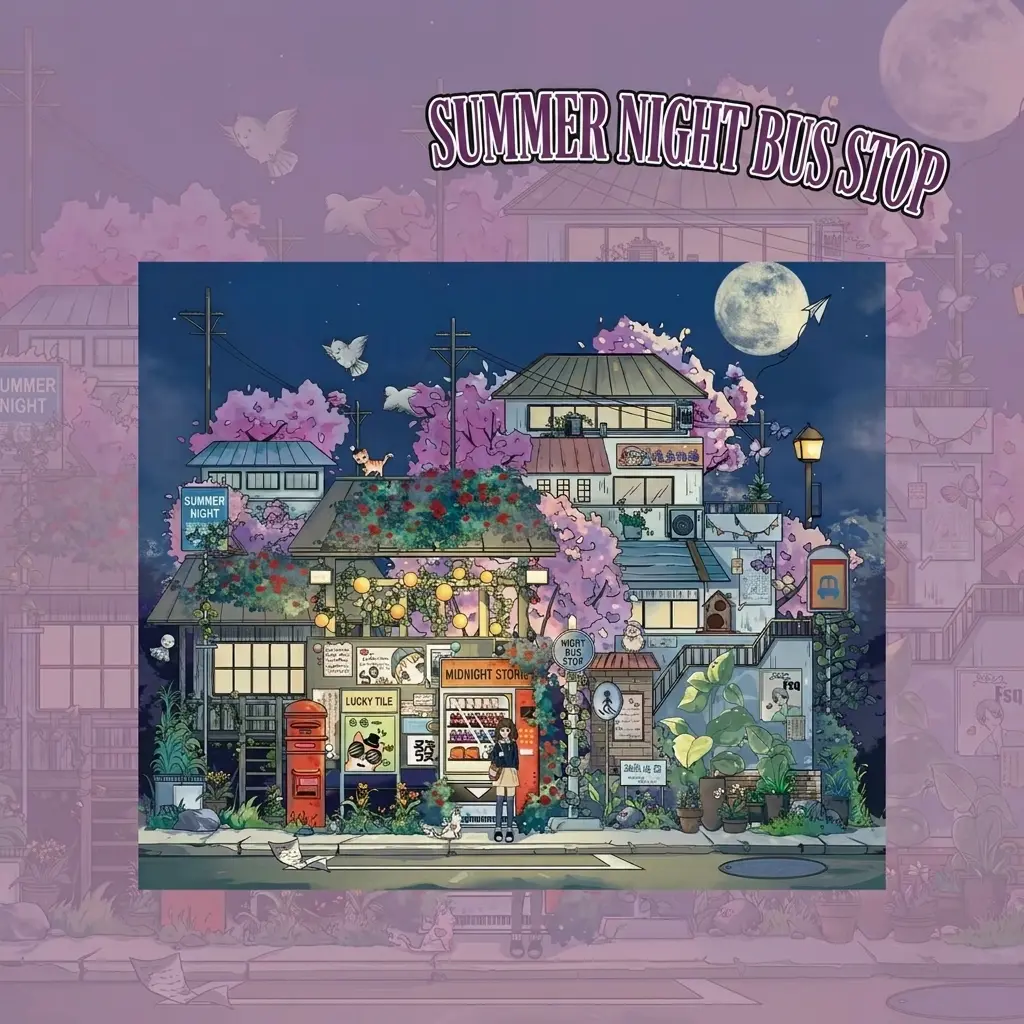 Japanese-style summer night market sticker set, Moon Cherry Bus Stop miniature scenery stickers, waterproof PET pre-cut plant character stickers, DIY multi-layer mini scene handmade gift