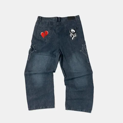 Men's Mid-Waist Loose-Fitting Casual Embroidered Jeans - Silver Chariot JoJo Anime Embroidery, Leather-Accent Denim Bottoms for Rock Style Anime Fans