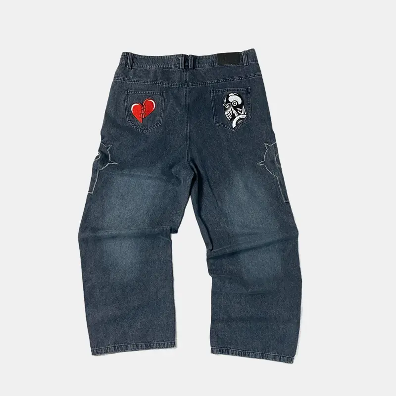 Men's Mid-Waist Loose-Fitting Casual Embroidered Jeans - Silver Chariot JoJo Anime Embroidery, Leather-Accent Denim Bottoms for Rock Style Anime Fans
