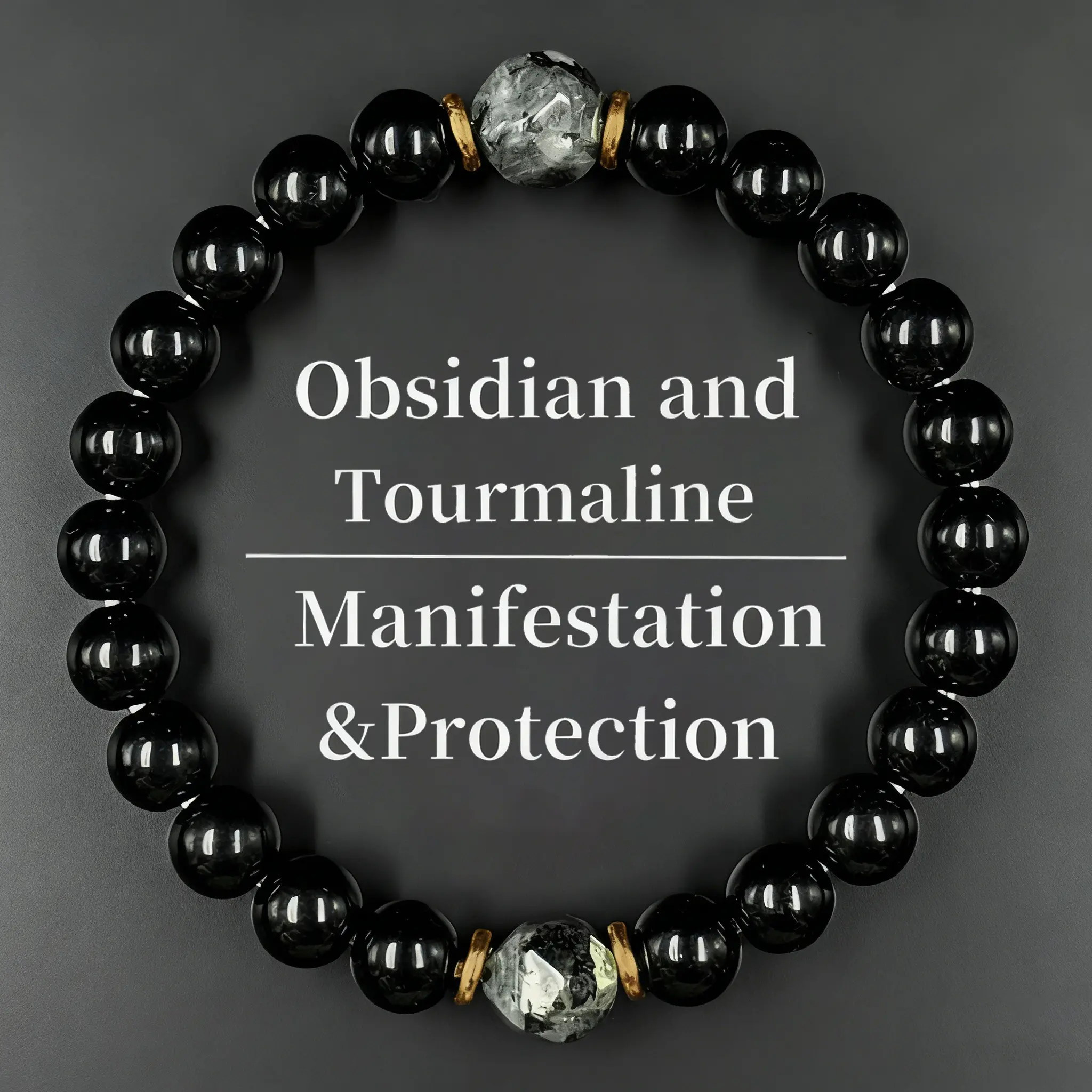 Obsidian & Black Tourmaline Bracelet - Manifestation & Protection Prosperity Crystal Beads Jewelry for Men & Women, Christmas Gift, Gifts for Mother's Day, Valentine's, Birthday, Anniversary, Black Grounding Stone Beaded Bracelet backtoschool