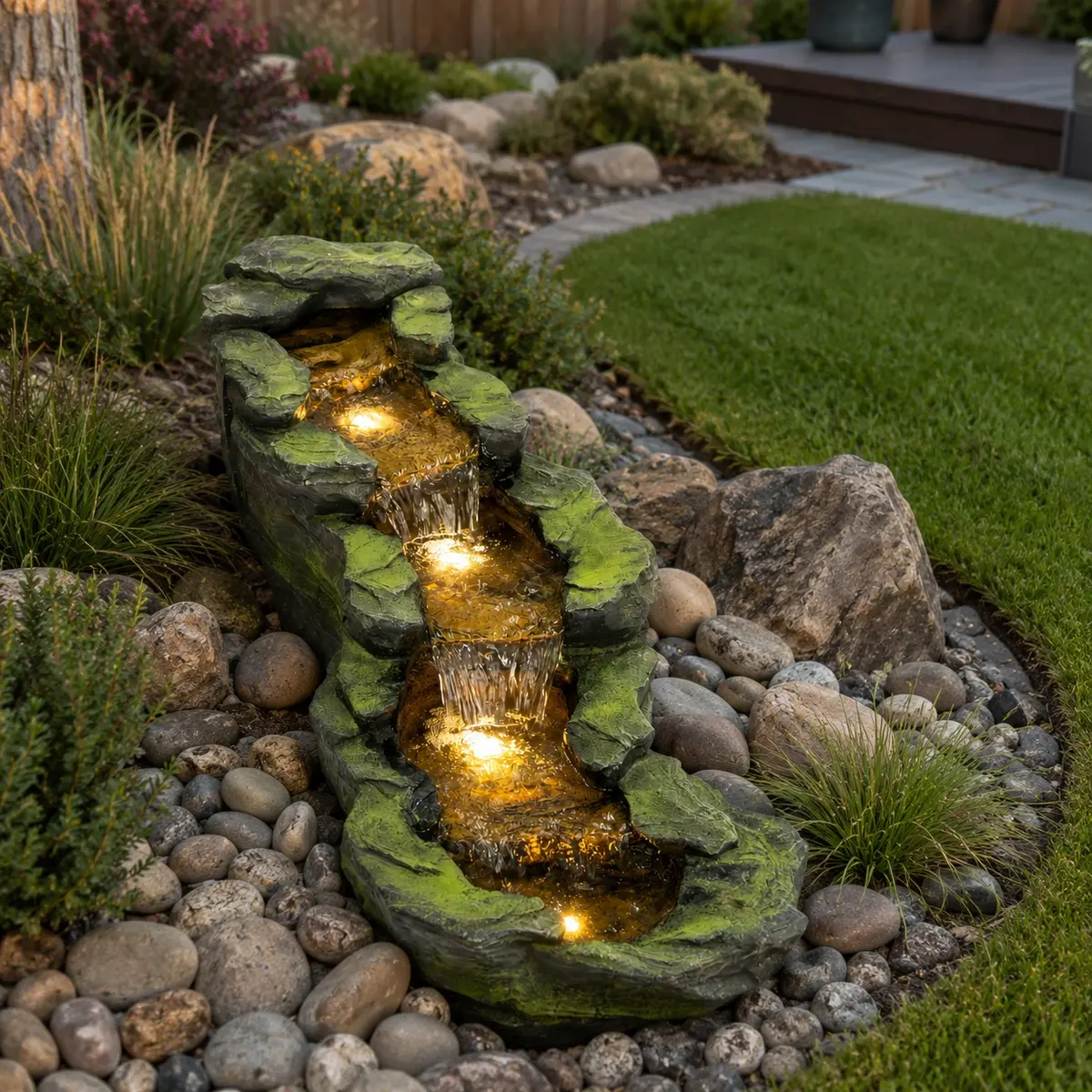 41.34" Outdoor Resin Rock Water Fountain with LED Lights - 14.17" Compact Base, Ornament Fountain, Patio Focal Point for Outdoor Sound & Garden Decor