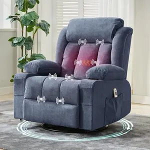 Power 360°Swivel Rocker Recliner Chair with Heat and Massage for Big and Tall Adults Oversized Electric Glider Reclining Chairs with Remote Control,Cup Holders,Side Pockets,USB Charge Port,Blue
