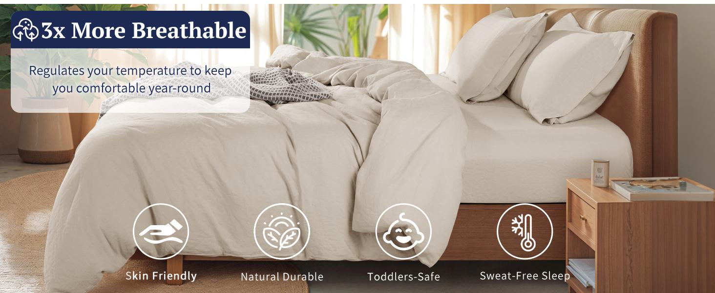 Shilucheng 3 Piece Luxury Pure Natural French Linen Duvet Cover Set with Zipper Closure & Corner Ties Cooling Breathable Soft Bedding Farmhouse Bed Cover Set