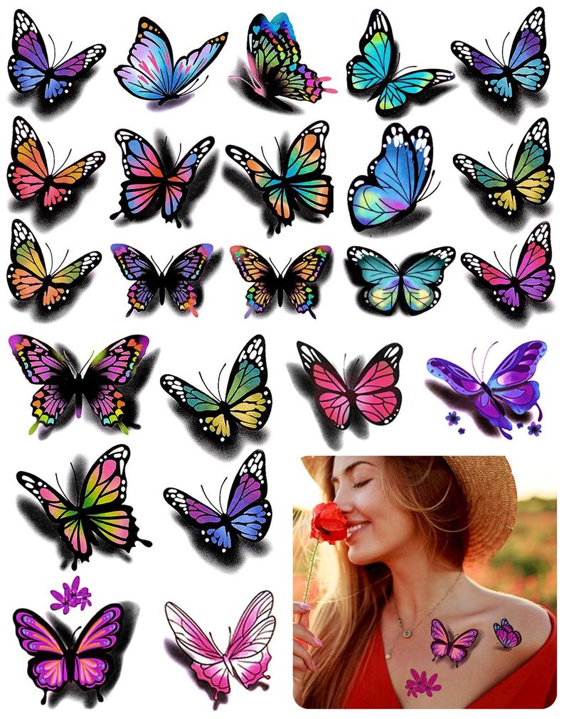 3D Butterflies and Flowers Temporary Stickers Tattoo, Colorful Body Art Tattoos for Women Kids, 126count