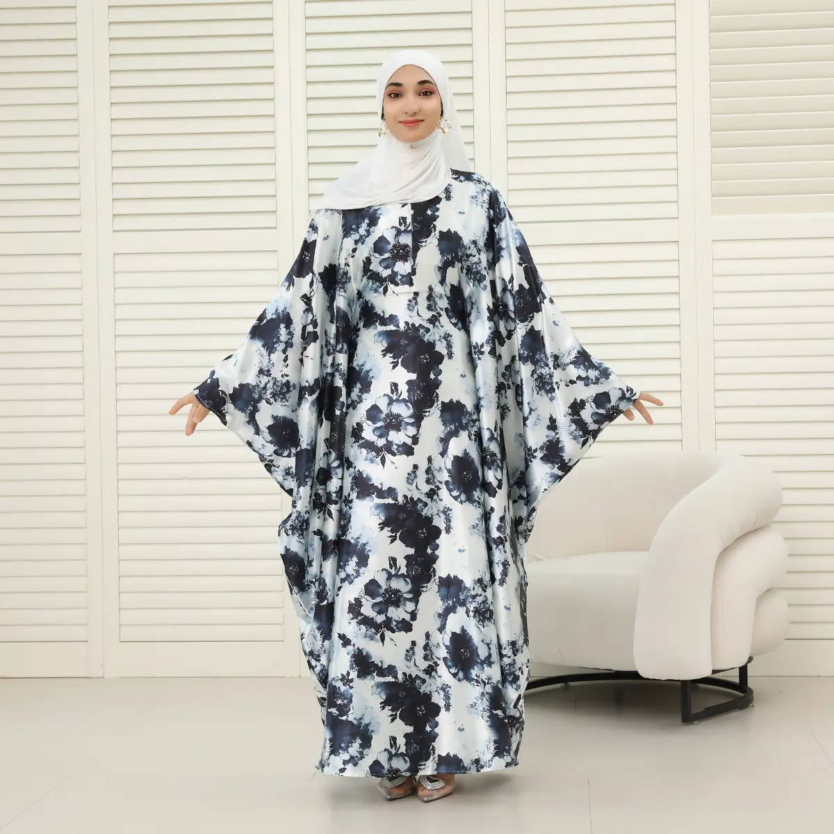 Women's NCK004 Oversized Batwing Casual Long Sleeve Modest Abaya - Recycled Polyester, Hidden Belt, Hidden Zipper, Waist Tie, Fashionable & Comfortable for Plus-Size Women, Casual Abaya