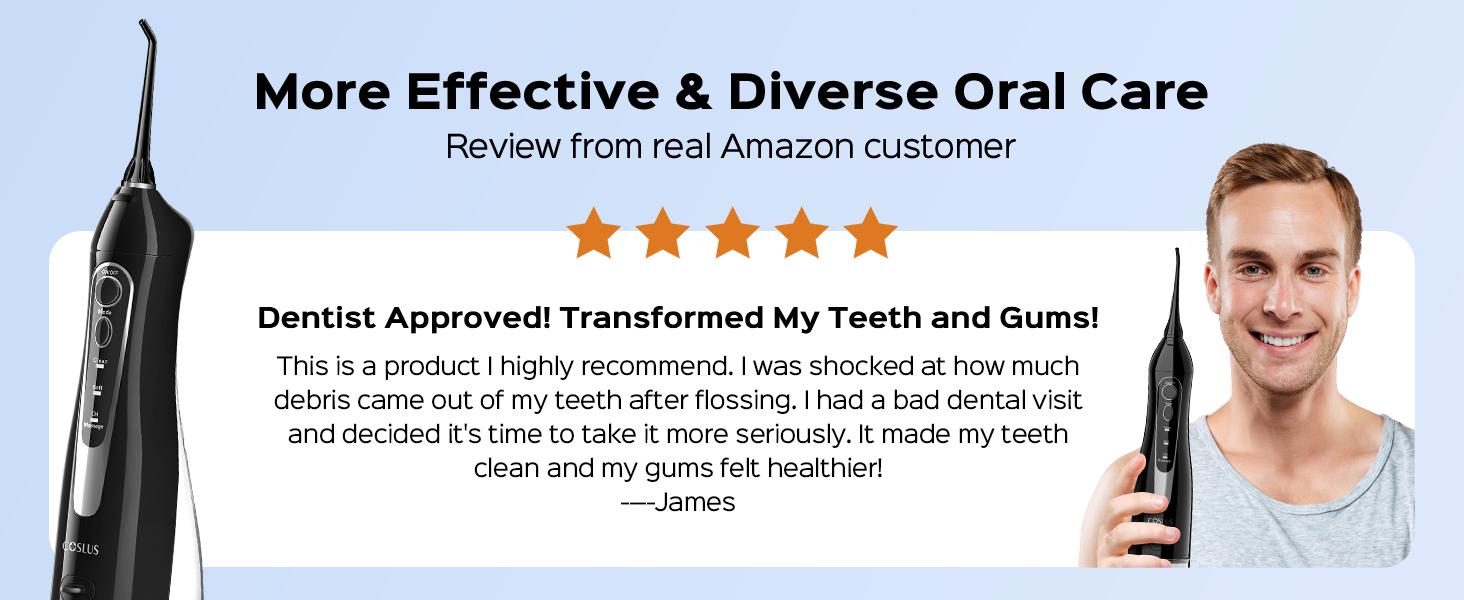 COSLUS CX20 Water Flosser For Teeth Cleane: Portable Cordless Oral Irrigator 300ML, 5 Nozzle,Multimodes, Rechargeable,IPX7 Waterproof for whitening tablets,Tongue Scraper Water Flosser For Braces,water flosser for tonsil stones/tartar, Oral Plaque Remover