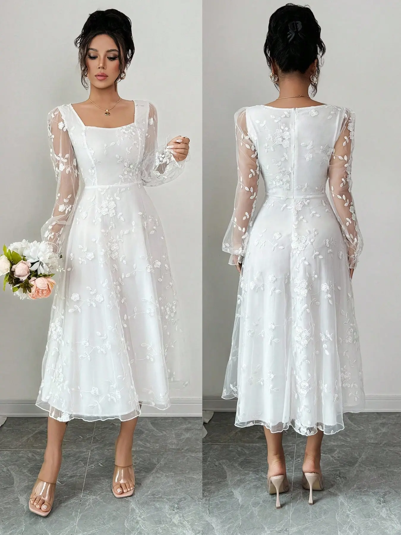 Elegant Chic Women's Long Dress, Solid Color Mesh Embroidery Fabric, Long Sleeve, Formal Wear, Evening Formal Wear, Formal Occasions, Dresses For Party, Unique Design, Perfect Gift Choice