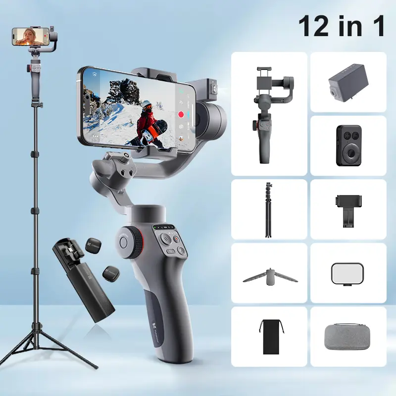 FUNSNAP C05 Foldable 3-Axis Handheld Camera Gimbal Stabilizer with Remote, Fill Light, 360° AI Tracking for iPhone 17-13 ProMax, Samsung S26U-S23/Zf7-Zf5, Camera Accessories, Vlogging Equipment, Video Recording Live Stream, 360-Degree Camera Stabilizers &