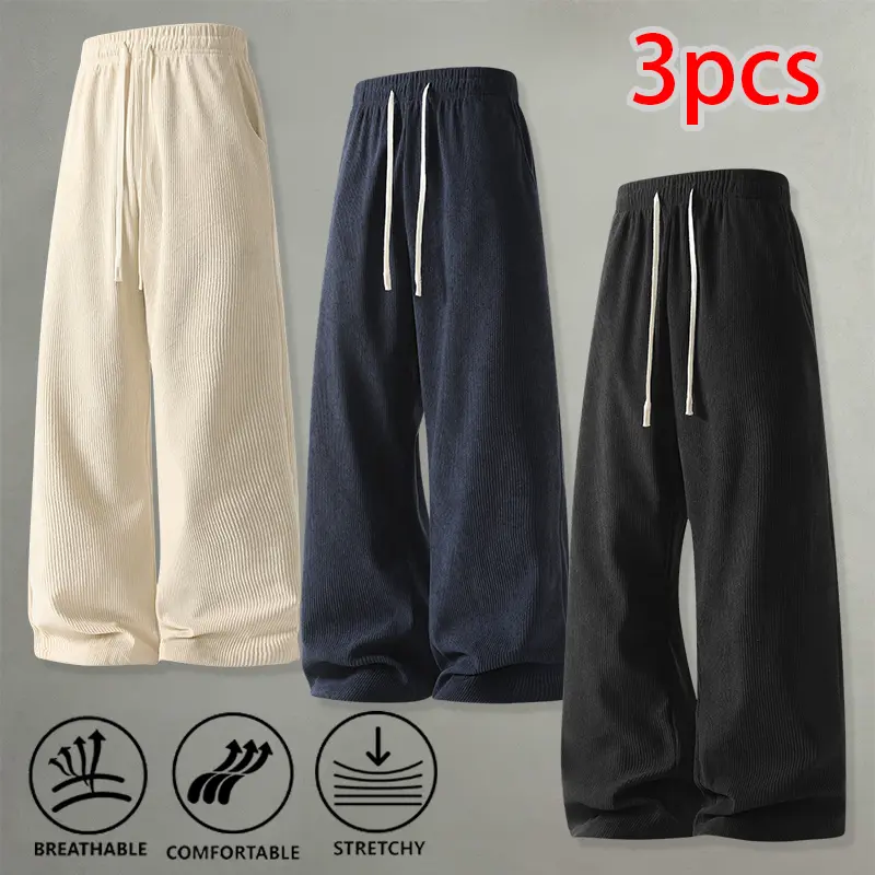 Men's 3-Pack Baggy Casual Jogging Pants - Vertical-Slit Drawstring, Elastic Waistband, Fluid Floor-Length Drape, Elastic Bottom Sweatpants, Fitness Casual Pants, Athletic Daily Wear for Home & Commuting