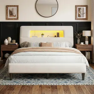 【Ergonomic Curved Headboard】King/Queen/Full Size Bed Frame with Ergonomic Storage Headboard, Upholstered Bed Frame with LED Lights & Charging Station, Unique Open-Design, NO Noise, Sturdy & Easy Assembly, No Box Spring Needed,882 Lbs Capacity,Beige