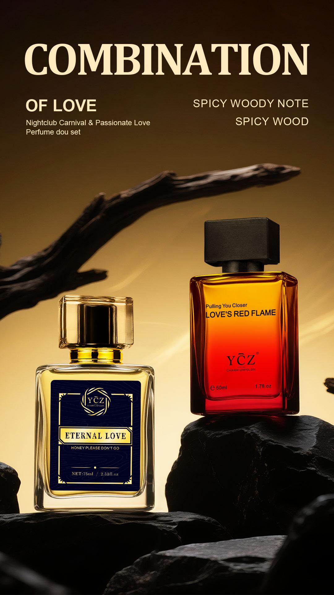 YCZ Men's Double Perfume Gift Set Eternal Love Spicy Woody EDP 75ml & Love's Red Flame Fruity Chypre EDP 50ml Long Lasting Fragrance Set with Exclusive Gift Box