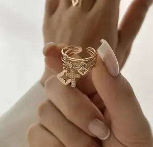 Amee Jewelry Gold Stainless Steel Adjustable Female Fashion Charm Ring - Stackable, Cross & Star Dangle