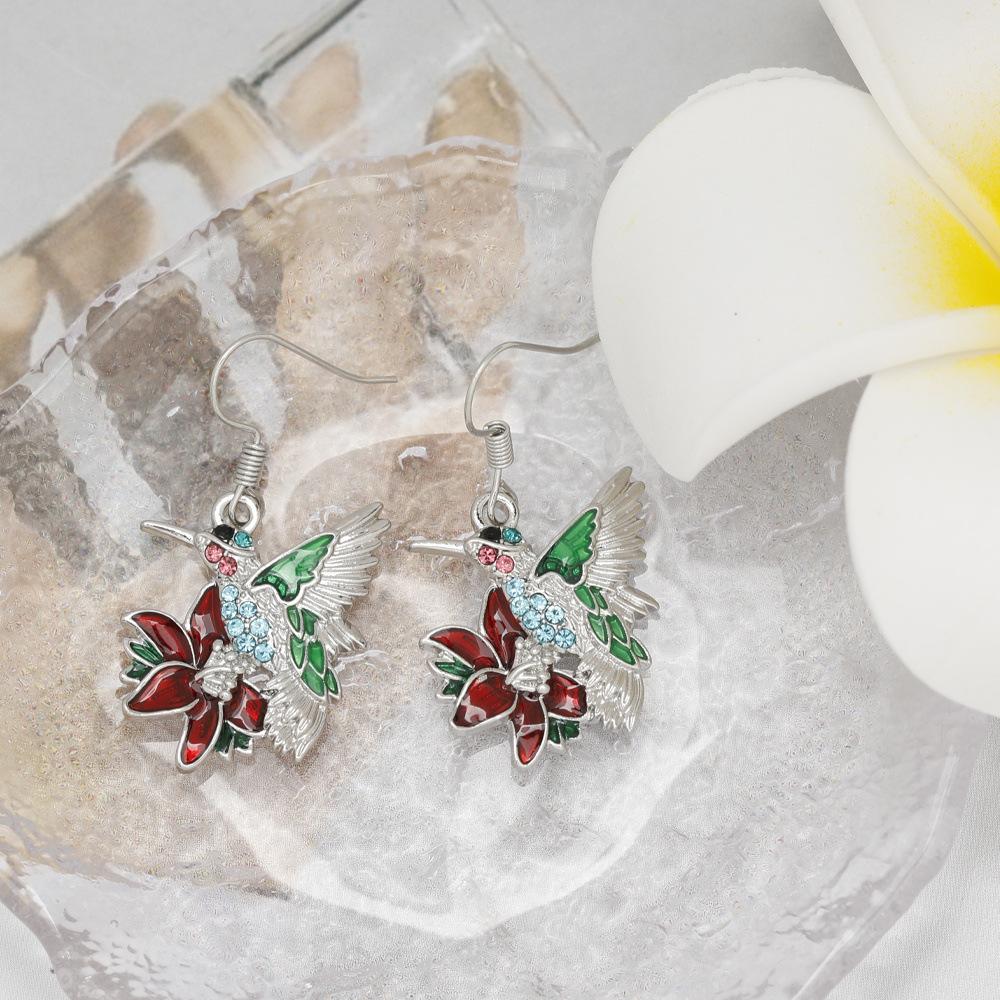 Adults' Korean-Style Hummingbird Drop Earrings - Colorful Silver-Tone Alloy Jewelry with Crystal Water Droplet Pendants
