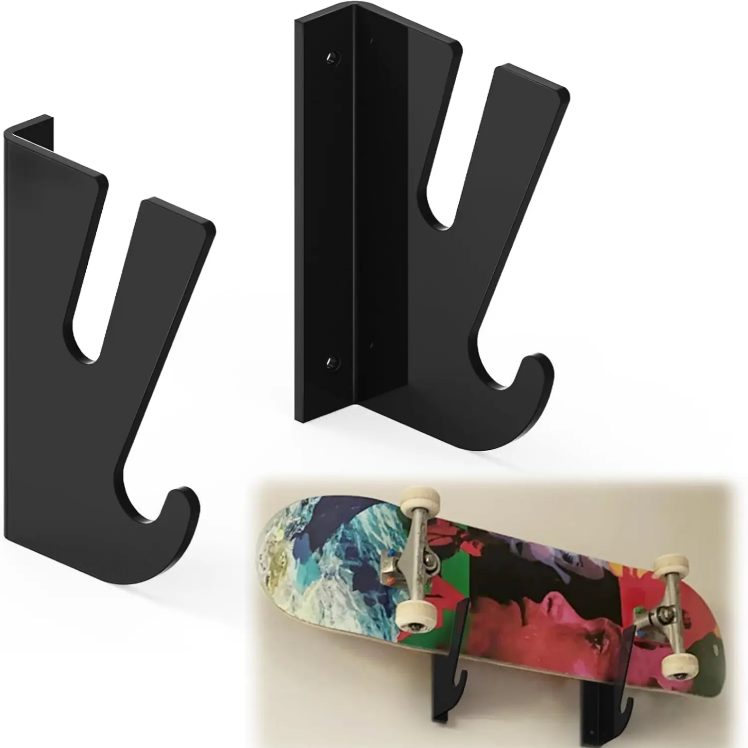 2pcs Wall Mounted Skateboard Holder - Dual-layer Tool Organizer with Storage Hooks, Easy to Install, Space Saving for Efficient Display & Organization in Living Room, Garage