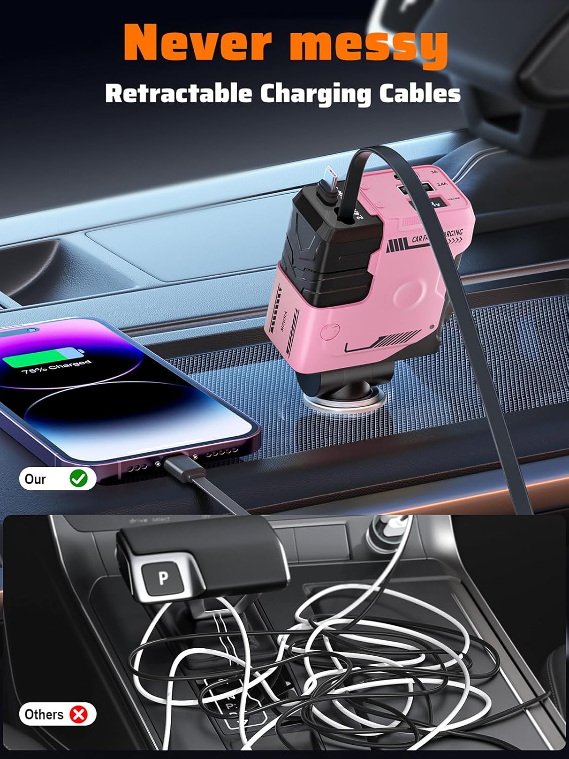 【New Airfreshener Starlight In Car Roof】5 in 1 Car Charger, Car Air Freshener with High Speed USB C Adapter with Lightning Cable & Charge Port for iPhone & Android Phone, Retractable Car Charger, Comes with 3 Bottles of Fragrance, Car Accessories
