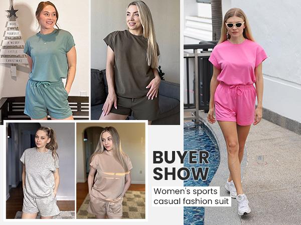 PINSPARK 2 Piece Sets for Women Summer Crewneck Matching Shorts Lounge Set with Pockets Casual Travel Outfits 2025 Trendy