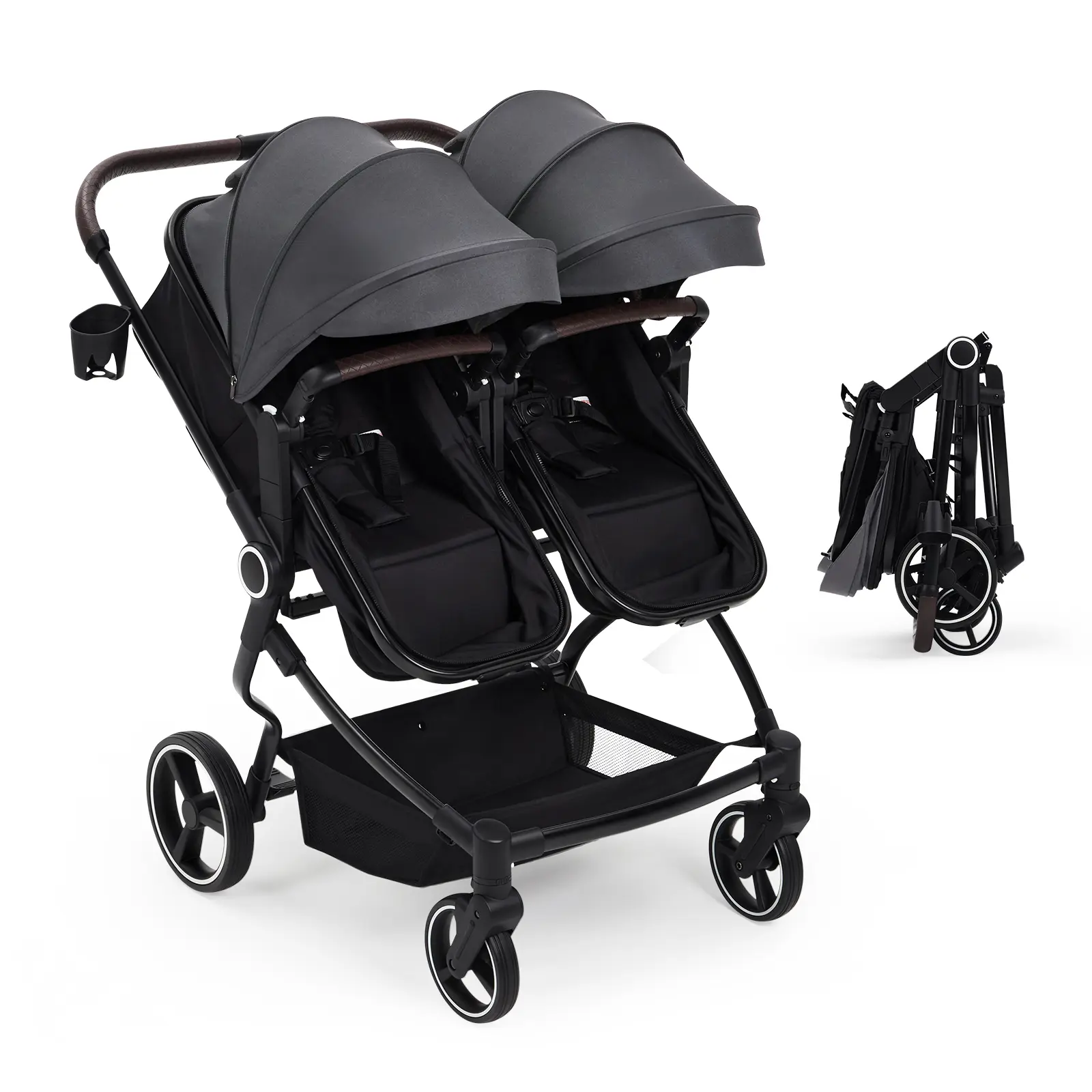 Lightweight Side by Side Double Stroller for Twins - Collapsible High Landscape Seats - Adjustable Canopy & Reclining Seats - 5-Point Safety Harness - Easy Travel Fold
