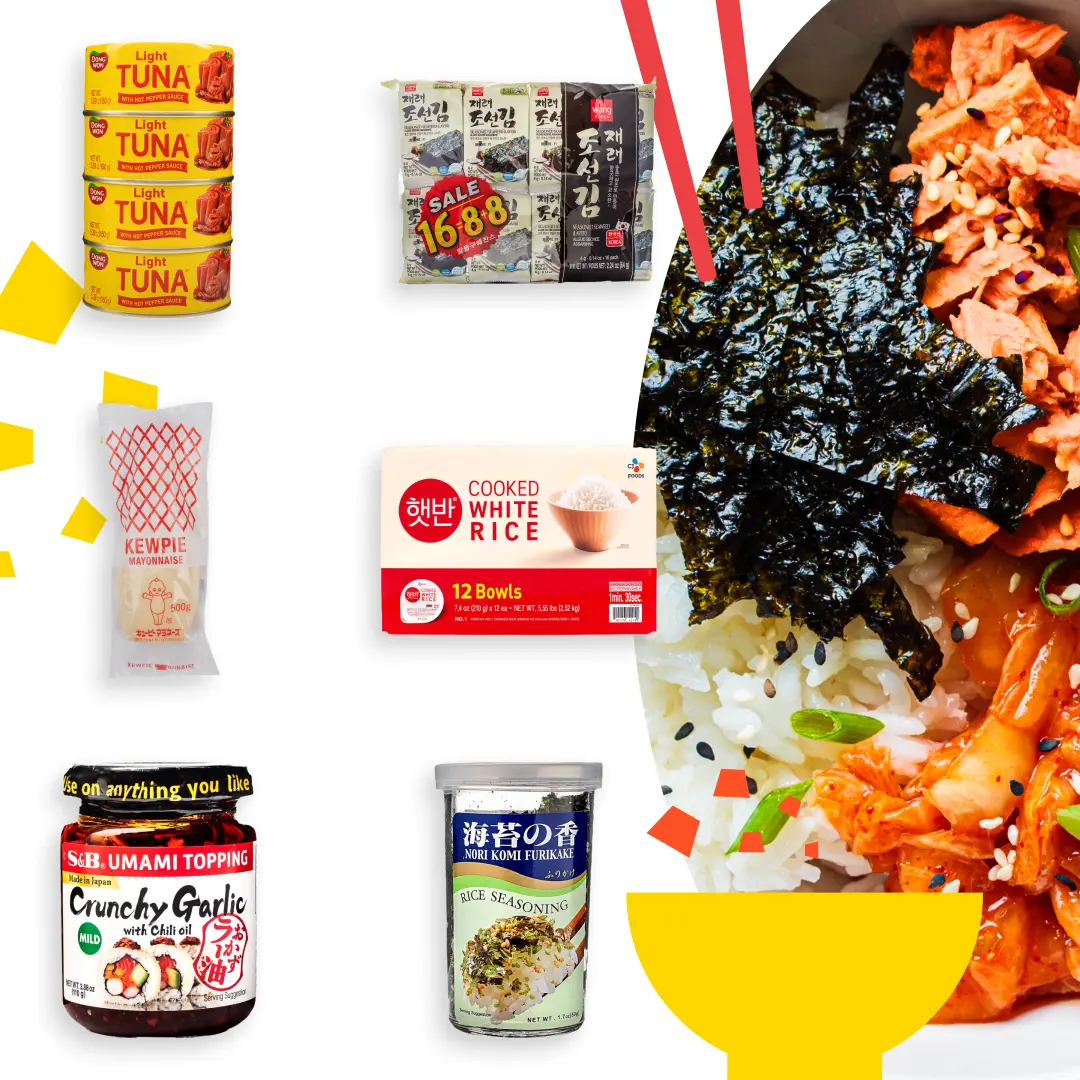 Dongwon Spicy Tuna Rice Bowl Ambient Set - Korean Easy Lunch Foods Bundle, Quick-Prep Meal with Canned Light Tuna, Hot Pepper Sauce, Kewpie Mayo, Seaweed
