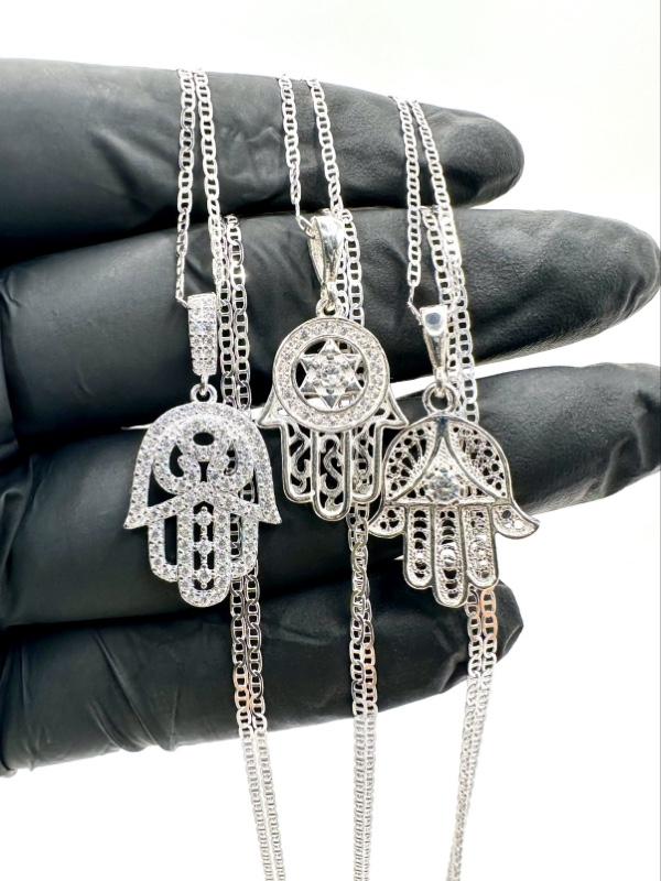 Hamsa Hand of Fatima with Evil Eye  925 Sterling Silver Pendant with 20” Marine Chain — Symbol of Protection & Good Energy