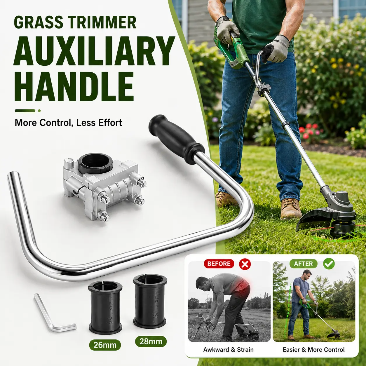 Ergonomic Sturdy Metal Auxiliary Grip for Straight Shaft String Trimmers, 26mm-28mm Adapter-Included Replacement Handle for Better Control, Weed Eaters, Lawn Edging Maintenance