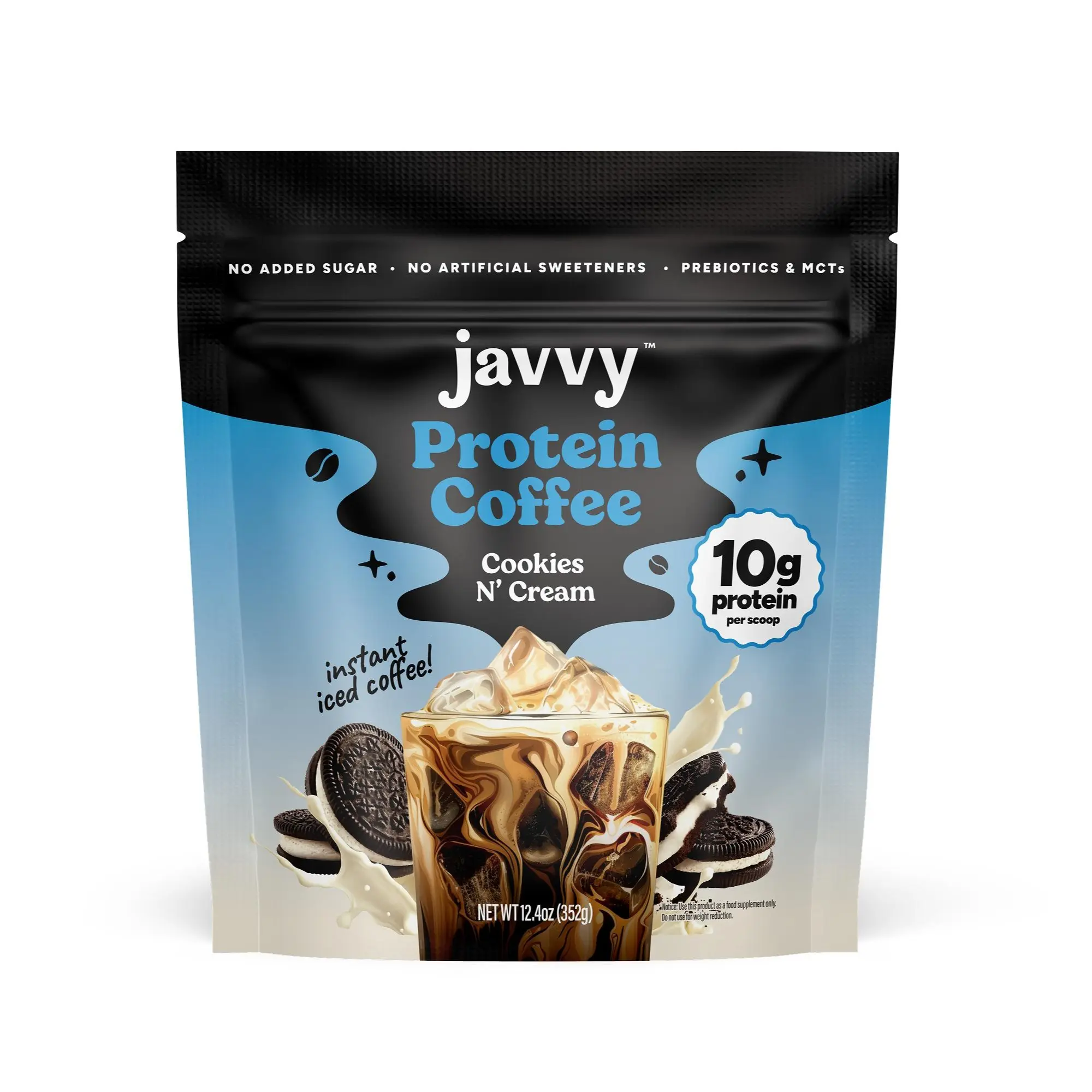 Javvy Cookies N’ Cream Protein Iced Coffee Beverage - Premium Whey Protein, Instant Iced Coffee, 100% Natural Cold Brew - 0 Artificial Flavors, 0 Artificial Sweeteners, 80 mg Caffeine, No Added Sugar, 20 Servings