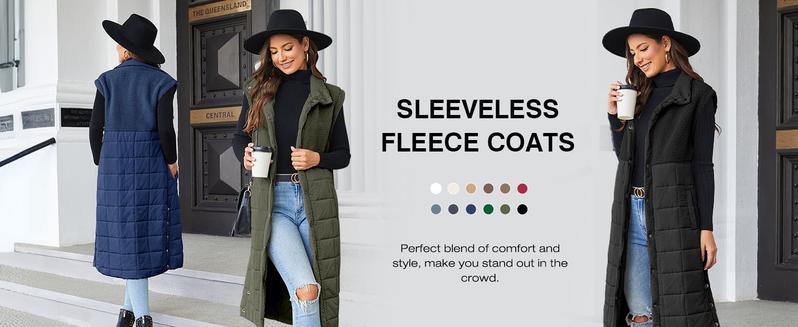 TANKANEO Women's Long Puffer Vest Fleece Jacket Winter Button Down Sleeveless Coats