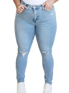 Judy Blue Tummy Control Mid Rise Distressed Light Wash Skinny Jeans 88797, size 15 - 24W, Stretchy Cotton Comfort Denim Womenswear Women's Bottoms, Chic Trendy Slim Destroy