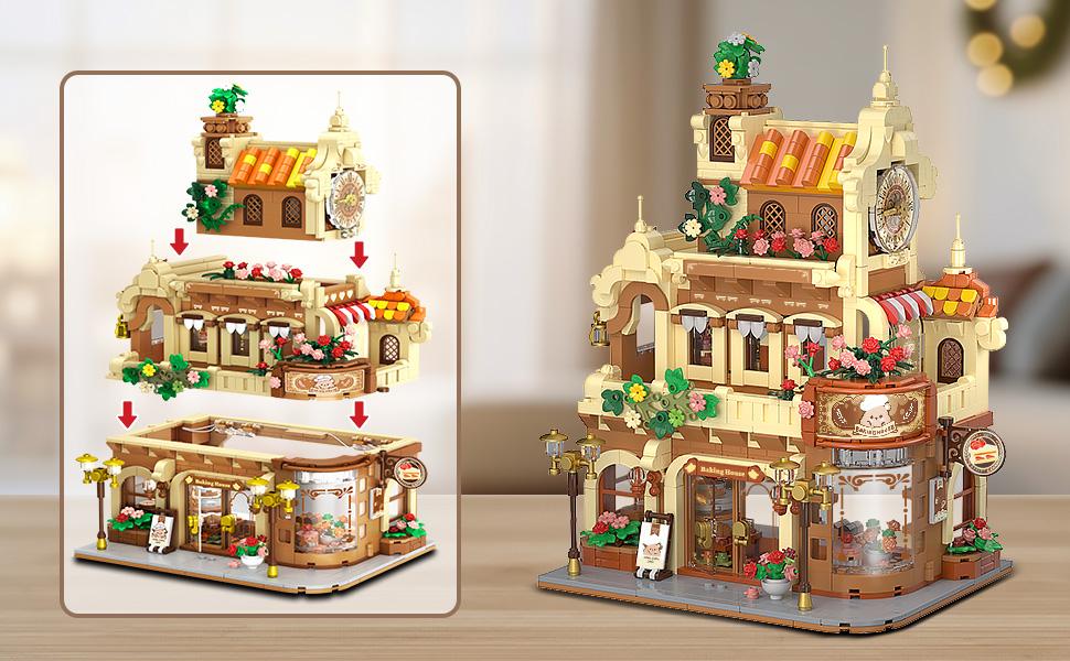 City Bakery Cafe House Building Set with Light, 1289 PCS Baking Shop Toy for Ages 8-12+ - Includes Coffee Cake, Soft Bread, and Light Sets Adjustable