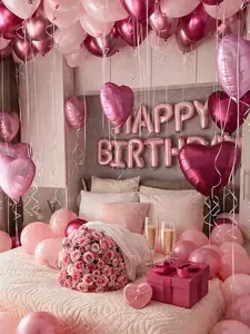 49PCS Pink Happy Birthday Balloon Set – 16" Letter Balloons, Heart Foil Balloons & Metallic Latex Balloons for Birthday Party, Baby Shower & Photo Booth Backdrop