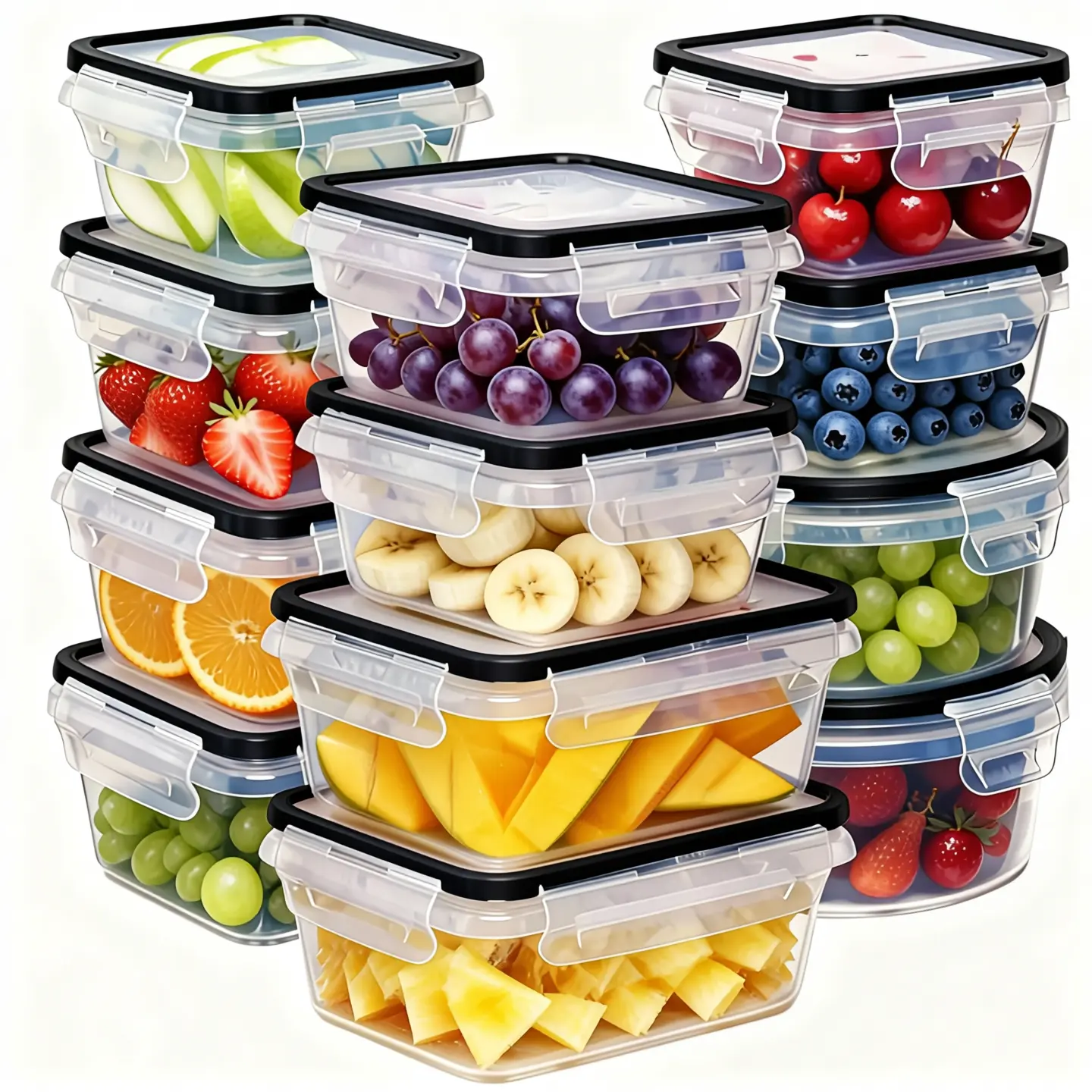 GHQ Fruit Airtight Food Storage Containers Set 12 Containers 12 Lids Leakproof Reusable Microwave Dishwasher Safe with Labels Pen Transparent Plastic Stackable Food Grade Plastic meal prep containers