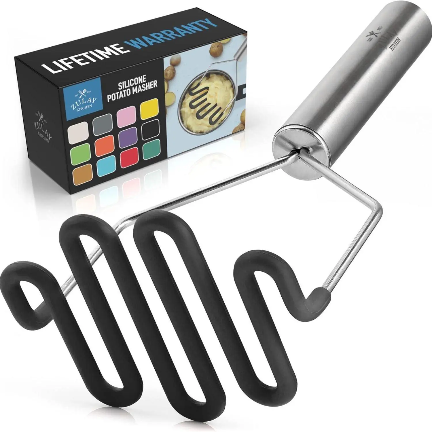 Zulay Kitchen Non-Scratch Potato Masher - Sturdy Stainless Steel with Food-Grade Silicone for Effortless Mashing, Perfect for Potatoes & Vegetables