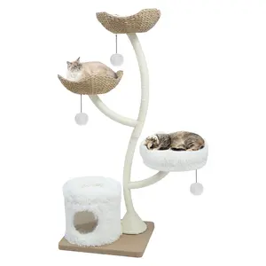 63” Tall Modern Multi-Level Cat Tree for Large Cats, Indoor Cat Tower with Scratching Posts, Soft Perches, Cozy Cave, Woven Baskets & Mats, Sturdy Luxury Cat Condo for Multiple Cats, Ideal Cat Furniture Gift