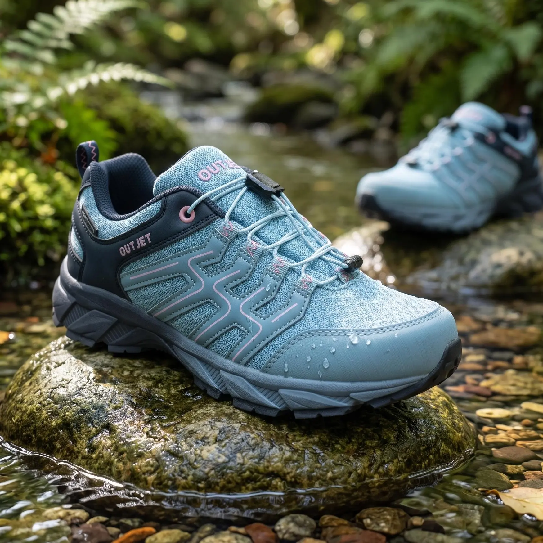 OUTJET Breeze Lake Women's Waterproof Hiking Shoes - Light Blue Lightweight Non-Slip Trail Sneakers with Quick Laces, Comfortable & Breathable