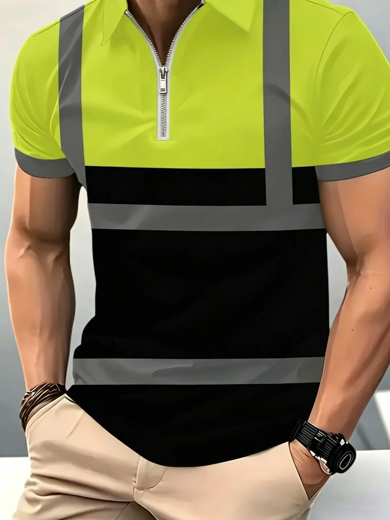 Men's High Visibility Reflective Polo Shirt, Half-Zip Short Sleeve Hi Vis Casual Work Shirt, Fluorescent Yellow & Black Safety Construction Workwear with Reflective Strips, Collared Polo Shirt, Fitted Polo Shirts, Zipper Polo Shirt
