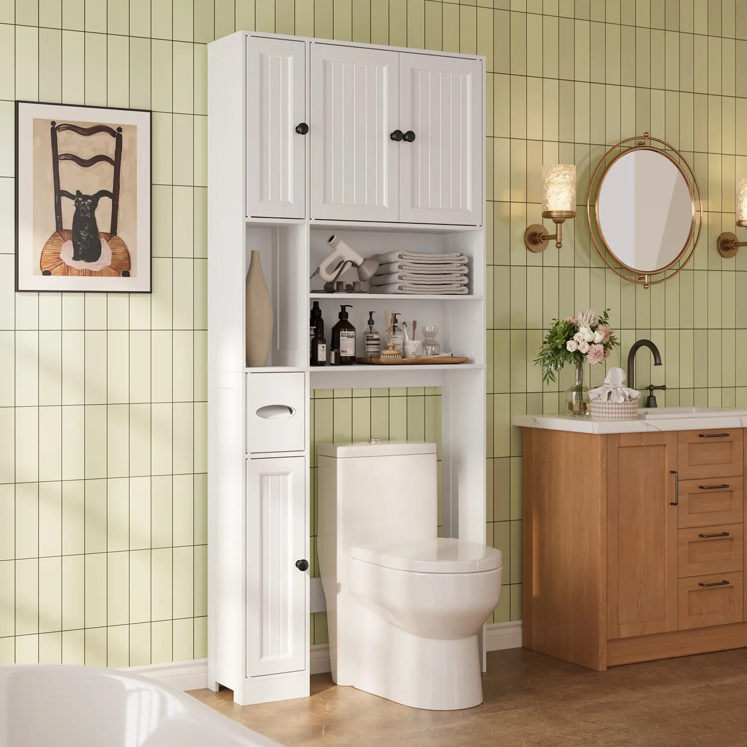 Gizoon Over The Toilet Storage Cabinet with Adjustable Shelves and Five Doors Over Toilet Bathroom Organizer Above Toilet Storage Cabinet with Open Shelves for Bathroom Restroom Laundry White