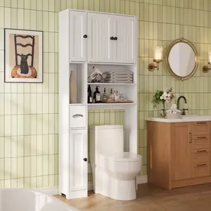 Gizoon Over The Toilet Storage Cabinet with Adjustable Shelves and Five Doors Over Toilet Bathroom Organizer Above Toilet Storage Cabinet with Open Shelves for Bathroom Restroom Laundry White