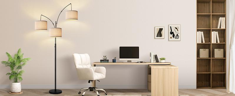 Hoodink Dimmable Floor Lamp - 3 Lights Arc Floor Lamps for Living Room, 1000LM Modern Tall Standing Lamp With Beige Shades & Heavy Base, Mid Century Tree Floor Lamp for Bedroom Office, 3 LED Bulbs Included