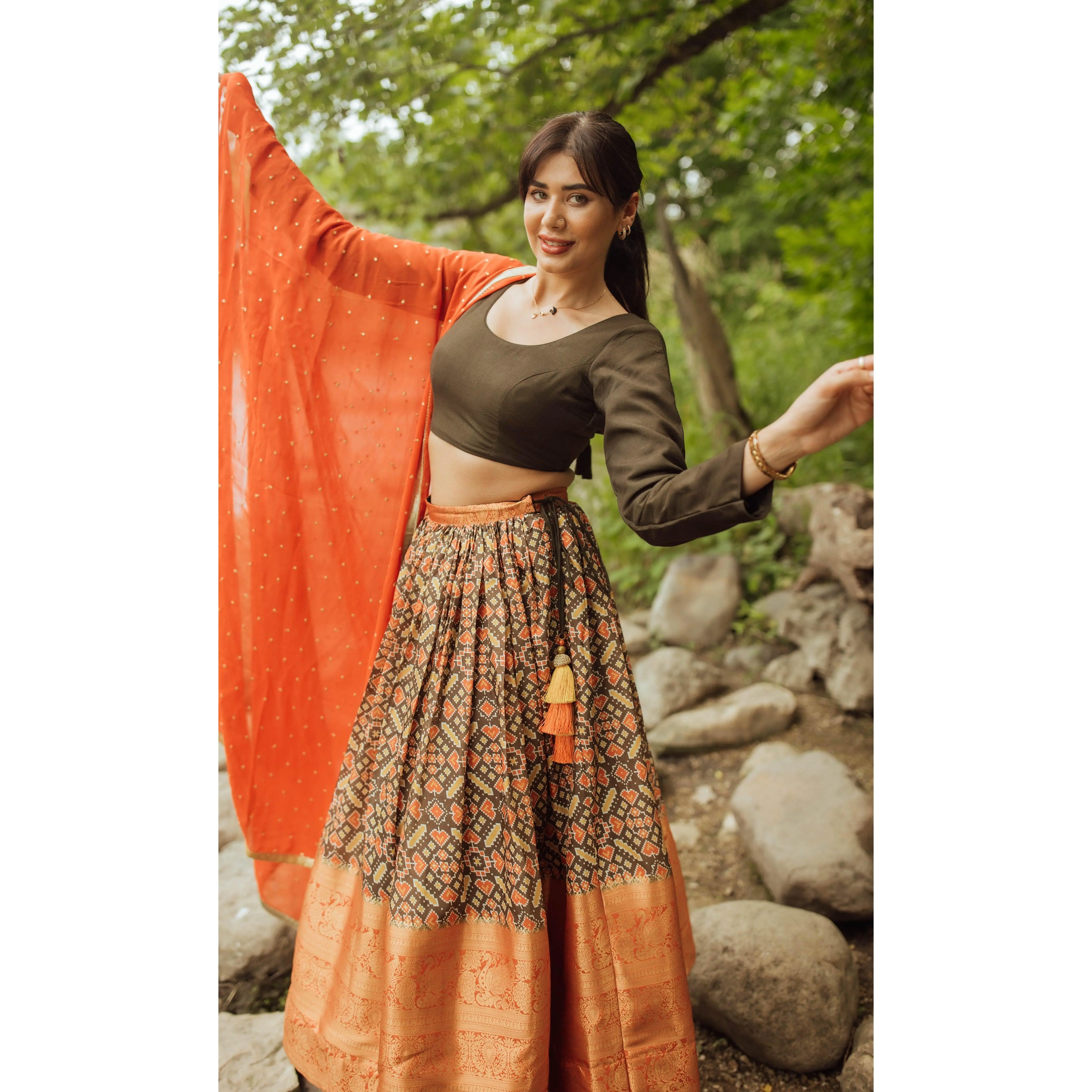 Bridget Olive and Orange Print Lehenga Choli Set