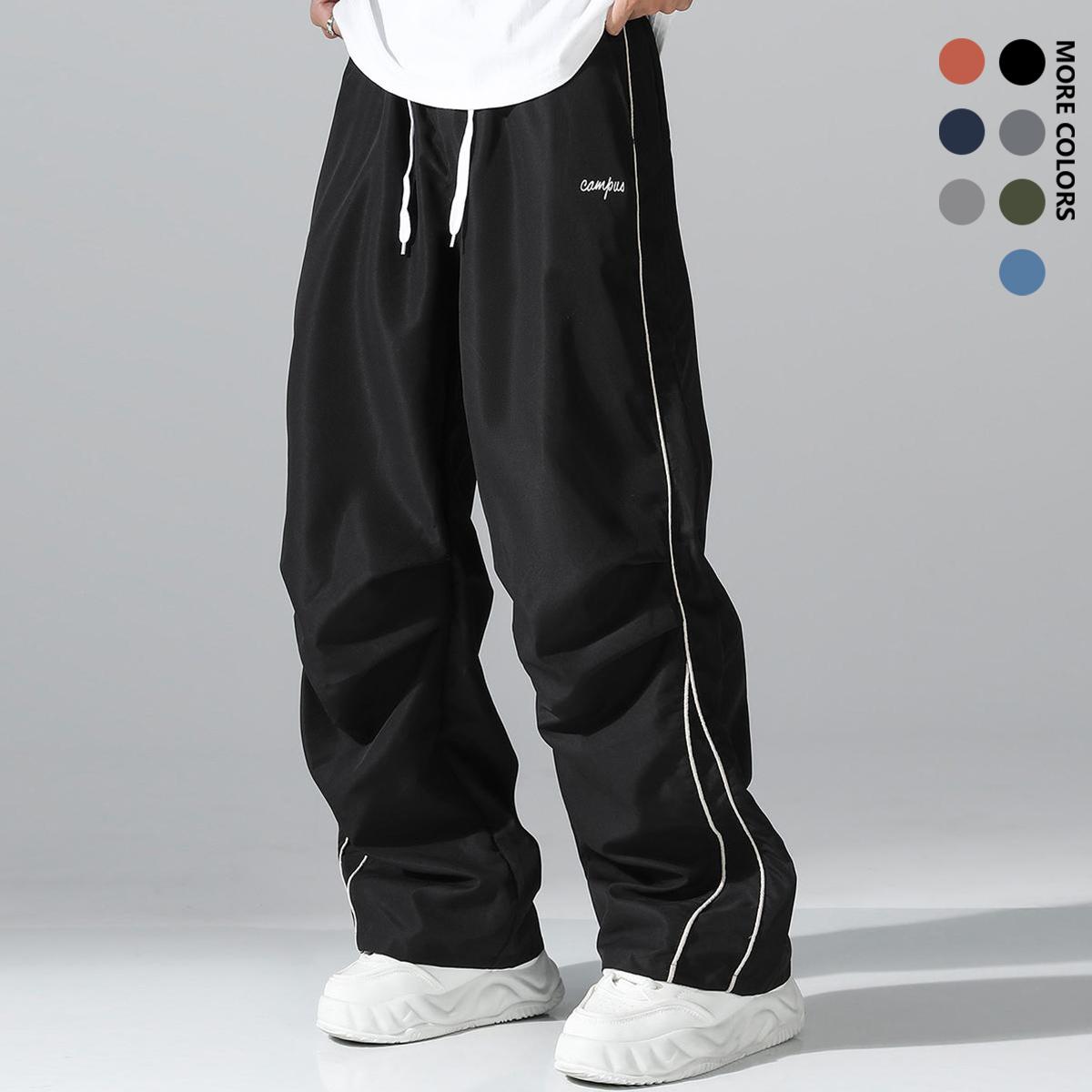 Men's straight-leg wide-leg casual pants - Black and grey striped design, loose waist with drawstring, machine washable nylon fabric, all-season comfortable casual wear