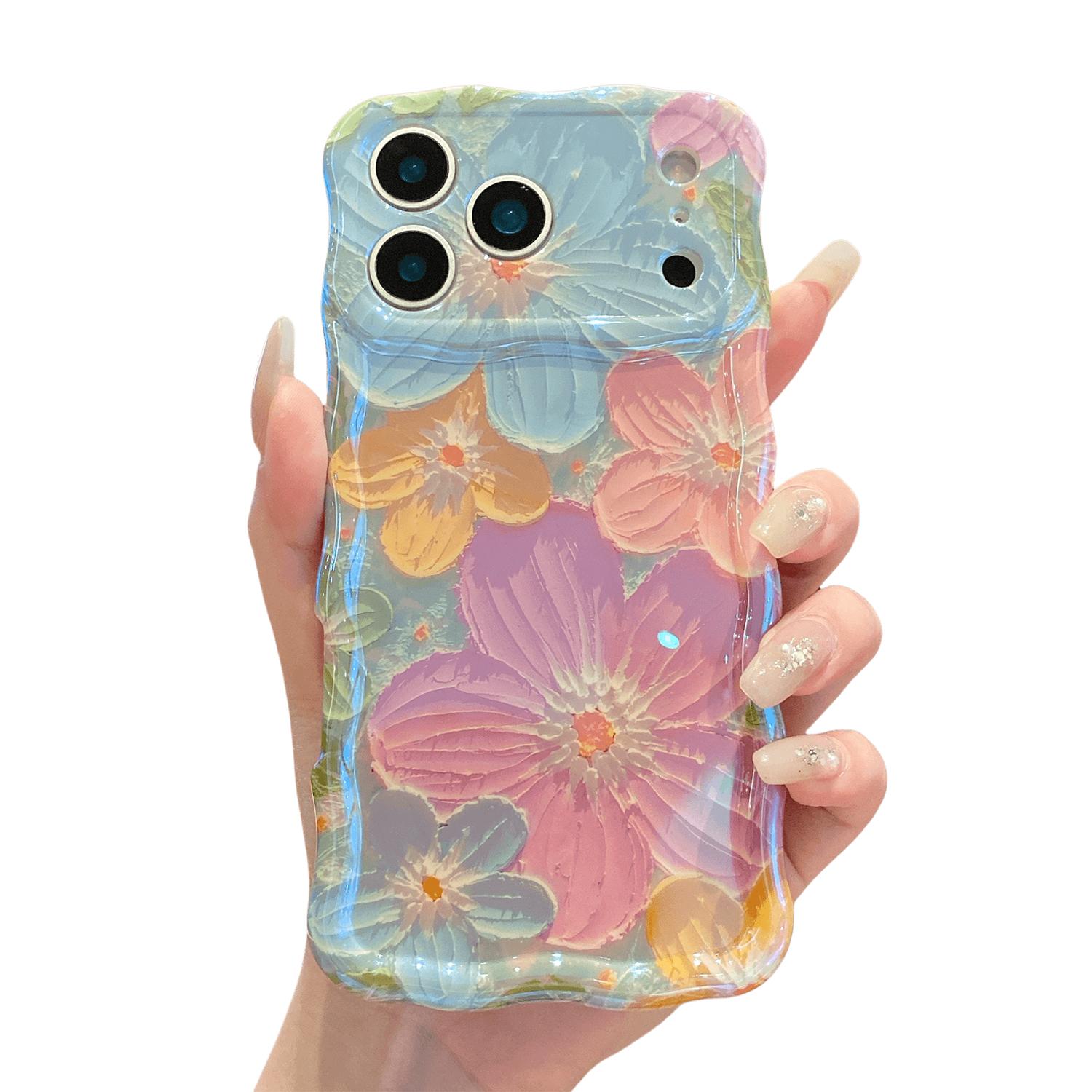 Case for iPhone 17 Pro Max 17 Air 16 15 14 13 Pro Max, Colorful Oil Painting Flower Laser Glossy Pattern Cute Curly Wave Edge Cover TPU Protective Case for Girl Women
