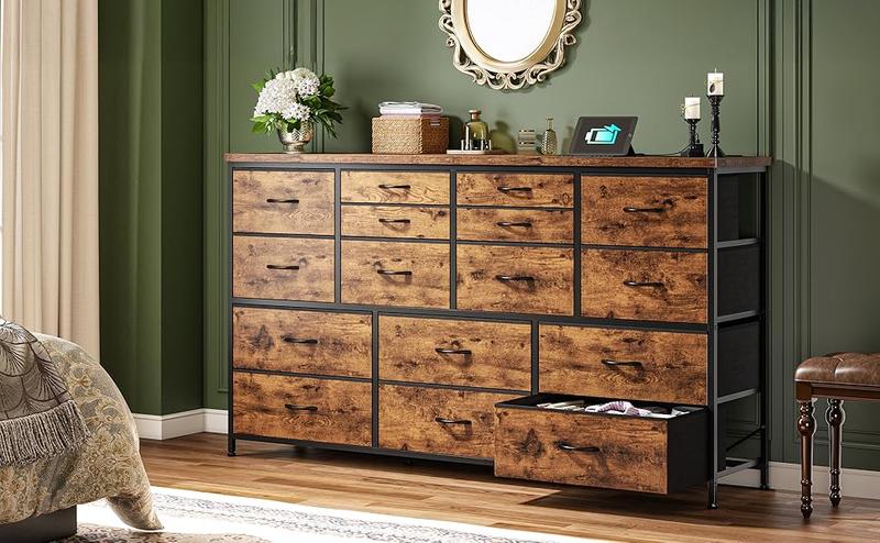 RaybeeFurniture Long Dresser for Bedroom with 16 Fabric Drawers, Modern Dresser with Charging Station, TV Stand for 60" TV Dressers & Chest of Drawers for Bedroom, Living Room, Closet