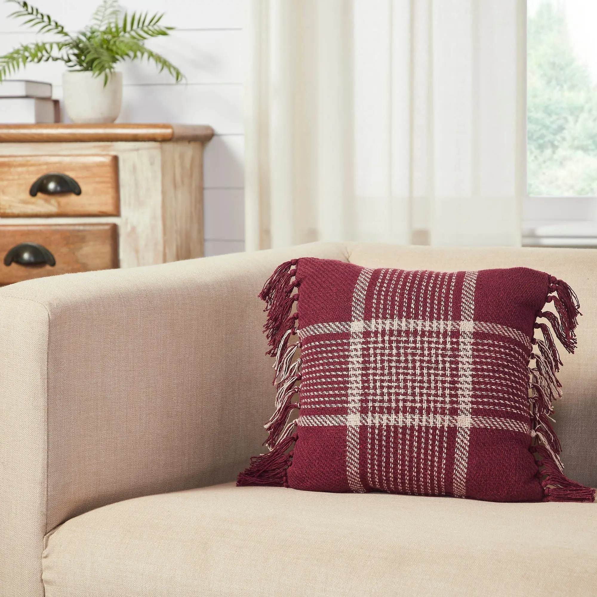 Exton Burgundy Tan Plaid Pillow, Cotton Blend-Polyester Fabric, Tassel Edges, Farmhouse Vibe Accent for Burgundy Farmhouse Decor