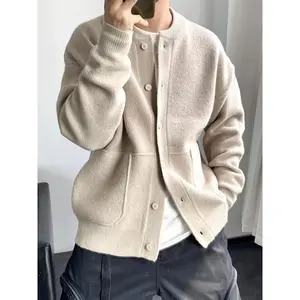 Fashion men's wear?? The Size Runs Slightly Small But Is Unisex Thickened Cardigan Sweater Jacket- Warm Winter Coat, Loose Long Sleeve Button Closure Design, Soft Light Beige Fabric Suitable For Daily And Formal Outfits- Urban Str